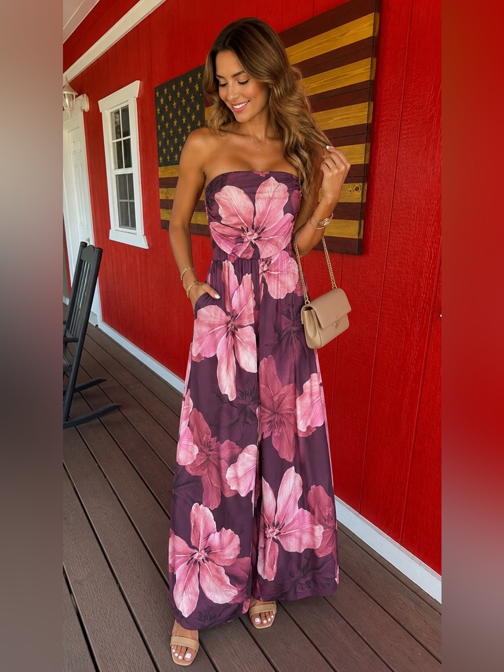Strapless Pink Floral Maxi Dress for Women
